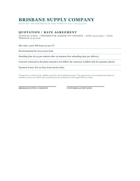 First page of the rate agreement, Quote No. Q-8802